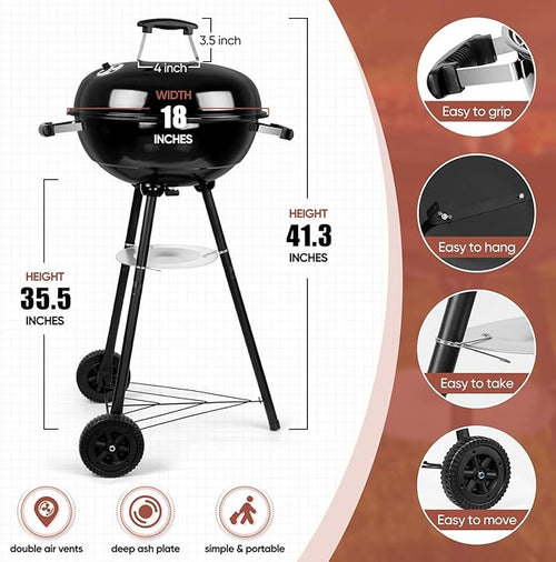 18 Inch Charcoal Grill, HaSteeL 2-In-1 Kettle Outdoor Barbecue Grill, Portable Black BBQ Grill for Camping/Backyard/Patio/Picnic, Porcelain-Enameled Lid & Fire Bowl, 254.SQ.IN Cooking Area, 13-Piece