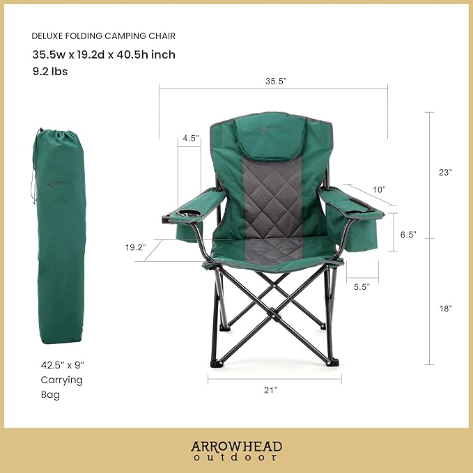 ARROWHEAD OUTDOOR Deluxe Folding Camp Chair – 550lb Capacity Heavy-Duty Quad Chair with Integrated Cooler, Headrest, and Dual Cup Holders.