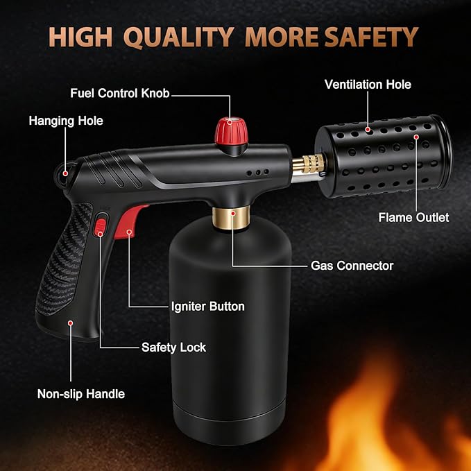 Propane Torch with Adjustable Flame, Powerful Kitchen Torch Gun with Safety Lock & Cooling Vents, Blow Torch Flamethrower for Grill, Sous Vide, BBQ, Charcoal Lighter (Tank Not Included)
