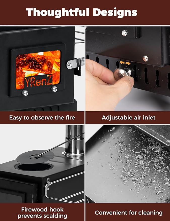 Upgraded Hot Tent Stove – High-Temperature Wood Burning with 7-Section Roll-Edge Chimney, Reinforced Door Frame, Airtight Body & Tempered Glass – Portable for Camping, Ice Fishing, Hunting