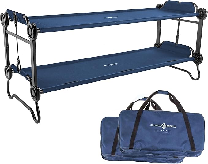 Disc-O-Bed Large Outdoor Convertible 2 Person Bench and Double Camping Cot Portable Bed Bunk System for Adults, Navy