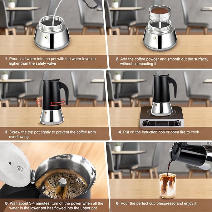 6 Cup Stovetop Espresso Maker Stainless Steel Moka Pot Stove Top Percolator Italian Coffee Makers Capable Mocha Greca Machine Cafe Classic Induction Cookers for Home and Camping 300ml 10oz
