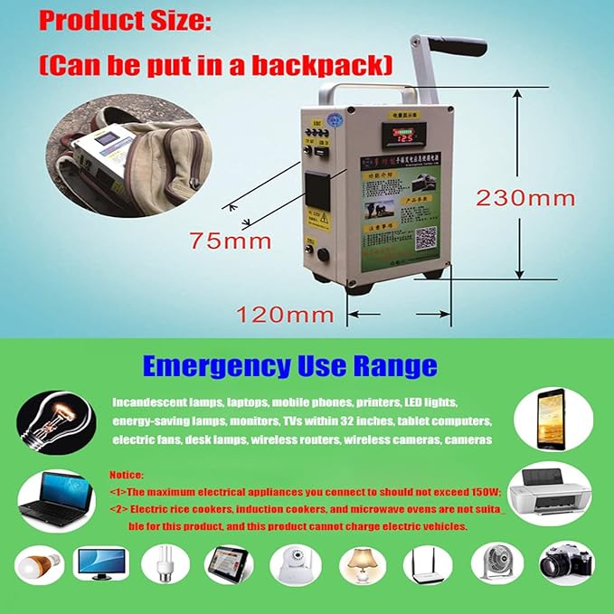 150W/500W High Power Hand Crank Generator Portable Emergency Power AC110V /220V DC12V USB 5V Charger Generator for Outdoor Camping Survival Activities,150W-110V