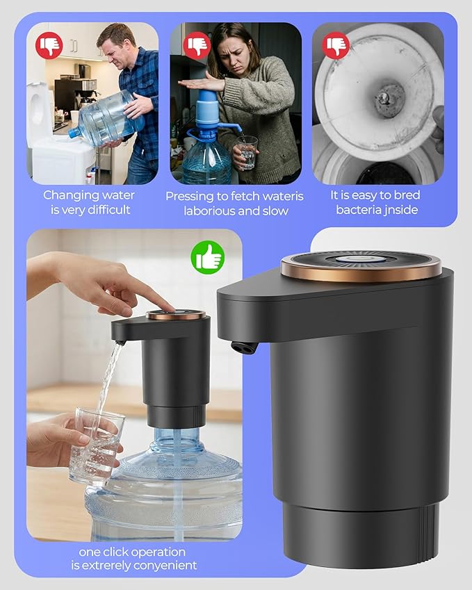 Water Jug Pump for 5 Gallon Bottle – Portable Electric USB-C Charging Dispenser, Dual Powerful Motors, Fast Flow, Fits 2-5 Gallon Jugs – Ideal for Home, Office, Camping, RV, Black