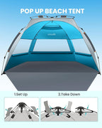 OutdoorMaster Beach Tent Sun Shelter for 3-4 Person, Pop Up Beach Tent Easy Setup with Sandbags, Portable Sun Shade Canopy with Carrying Bag for Beach & Outdoor, UPF50+ UV Protection, Family Size