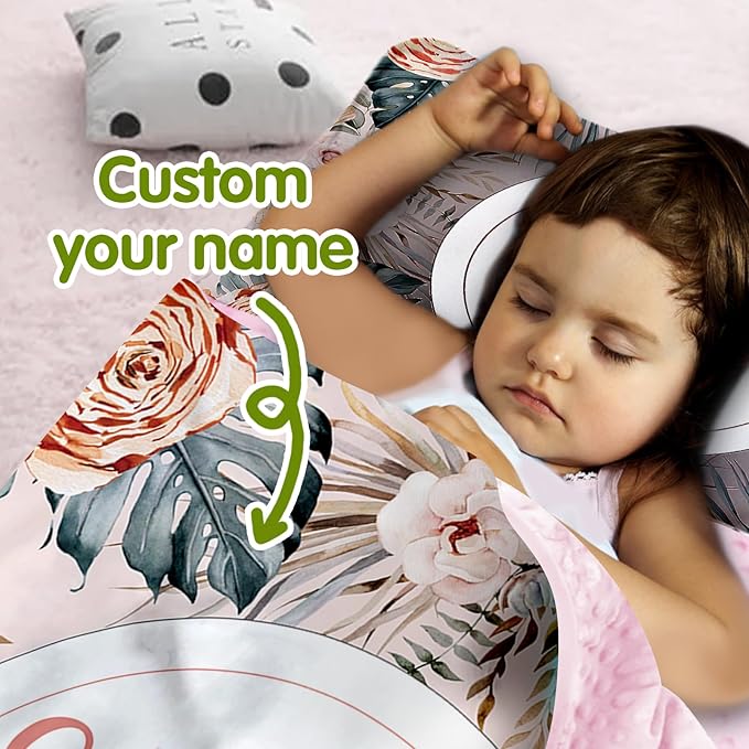 Custom Toddler Nap Mat for Preschool, Personalized Name Flower Kids Sleeping Bag for Daycare, Roll Up Sleeping Mat with Removable Pillow and Soft Dot Minky Blanke for Girls Camping