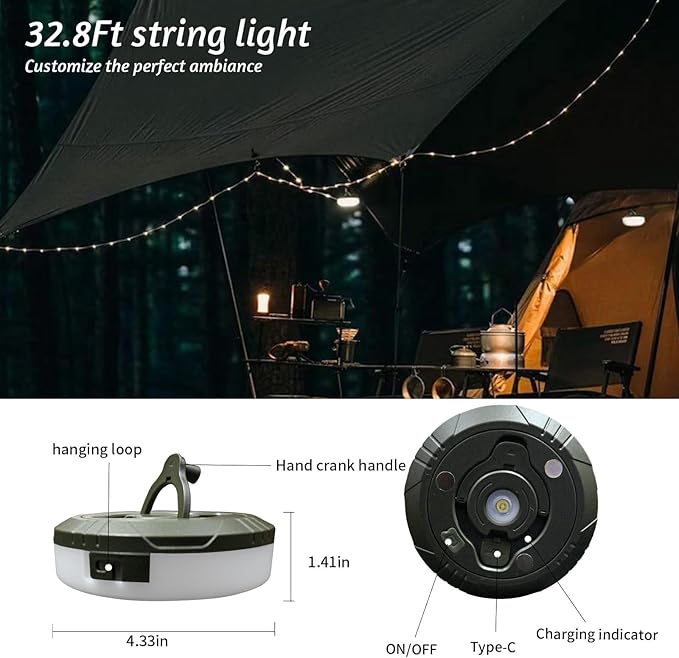 Camping String Lights, 32.8ft Portable Outdoor String Lights with 8 Lighting Modes, Qucick Storage, 2 in 1 Waterproof Camping Lanterns for Camping, Christmas, Outdoor