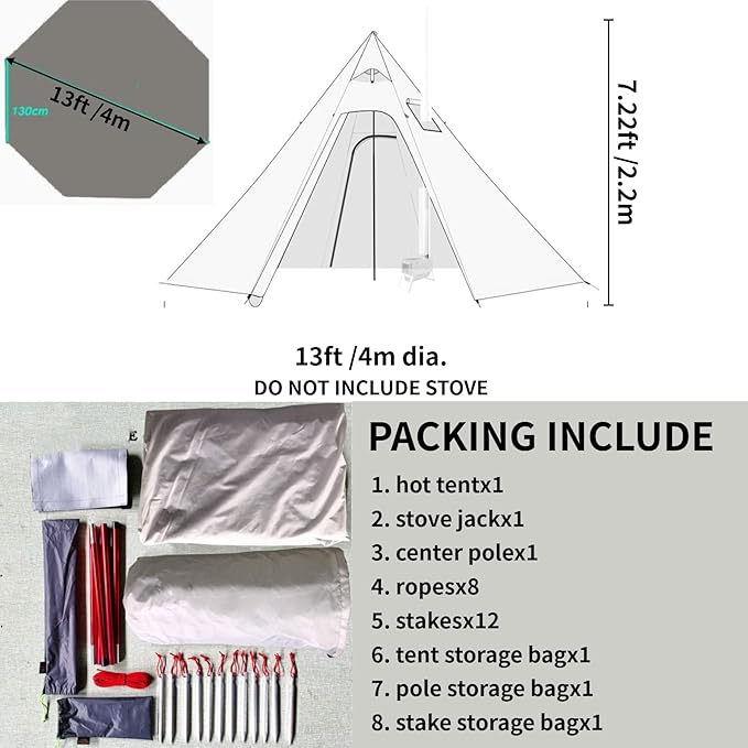DANCHEL OUTDOOR Backpacking Hot Tent with Stove Jack, 4 Season Lightweight Tipi Tent for 2/4/6 Person Winter Camping Hunting, 10.5FT-16.4FT