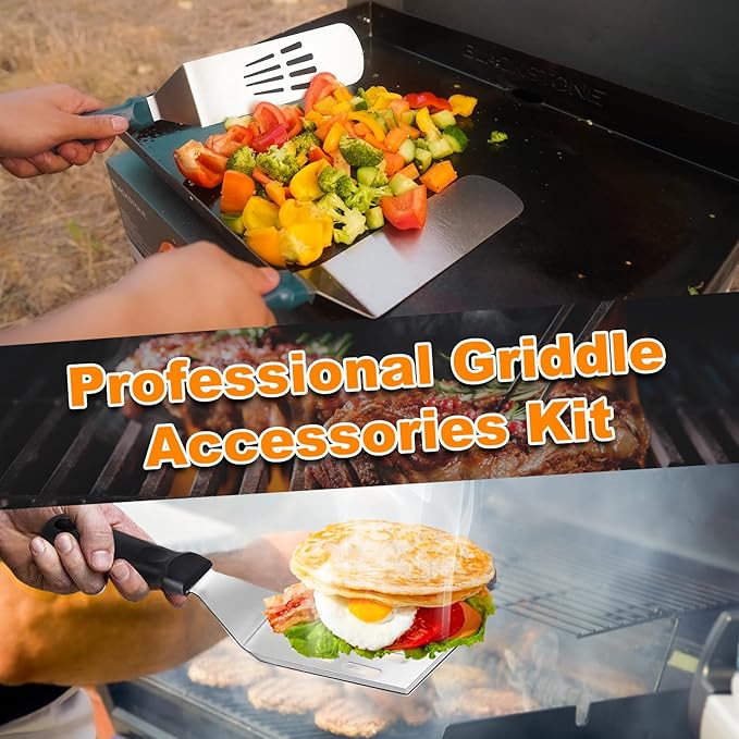 Griddle Accessories for Blackstone with Smashed Burger Press,19Pcs Griddle Accessories kit for Hibachi, Enlarged Grill Spatula, Salt and Pepper Shakers, Grill Black Tools Set