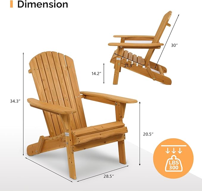 VINGLI Folding Adirondack Chair, Wood Adirondack Chairs for Outdoor, Foldable Fire Pit Chairs for Patio, BBQ, Porch, Yard, Pool