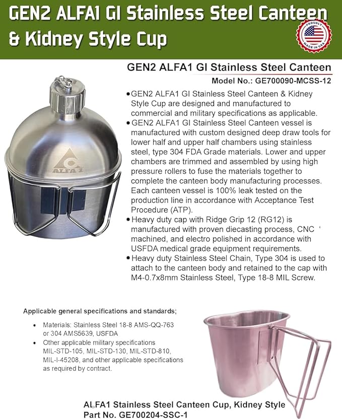 GEN 2: ALFA1 GI Military Grade Stainless Steel Canteen & Kidney Style Cup (with 12 Lobe Stainless Steel Cap) | Portable Water Bottle for Trips, Hiking, Camping and Outdoor Activities | 1 Quart