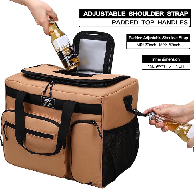 MIER 30L Extra Large Soft Cooler Bag with Bottle Opener for Camping Beach BBQ Grocery Golf Leakproof Picnic Lunch Bag, Collapsible, Top Flip Lid, 45Can (Khaki)