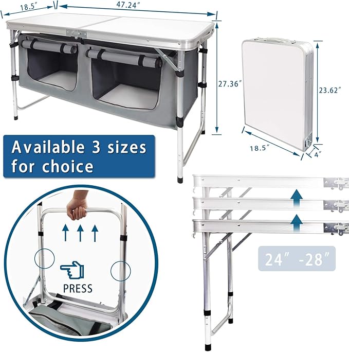 CampLand Outdoor Folding Table Aluminum Lightweight Height Adjustable with Storage Organizer for BBQ, Party, Camping