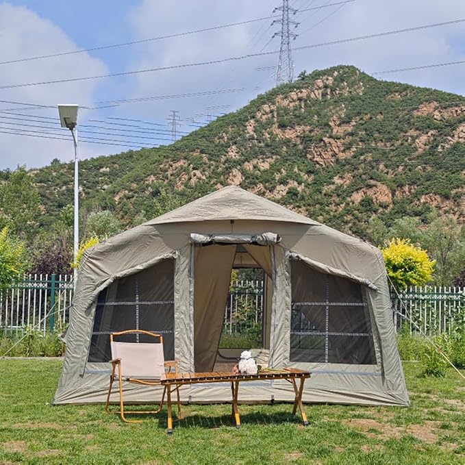 4 Season Inflatable Camping Tent with Separate Living and Sleeping Area,3000mm Waterproof Pop-Up Tent with Pump and Stove Jack Hole,4-6 Person Glamping Tent