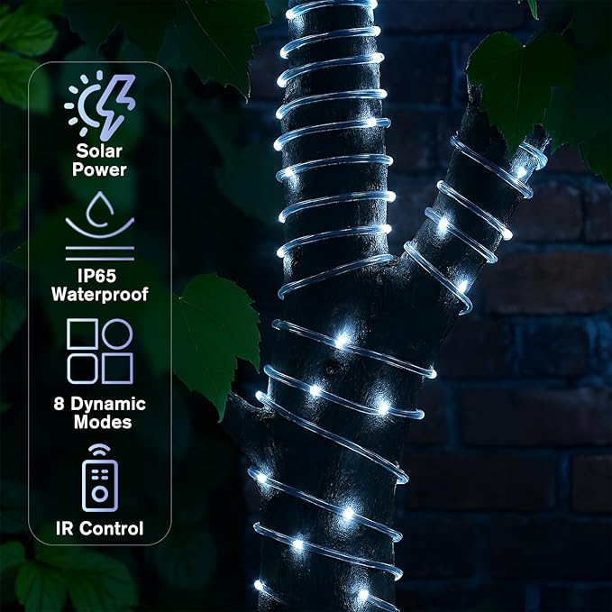 ANJAYLIA 66FT 200 LED Solar Rope Lights Outdoor Waterproof, Solar Powered Rope String Lights with 8 Modes & Timer Remote, for Outdoor, Patio, Garden, Camping, Holiday & Christmas Décor Cool White