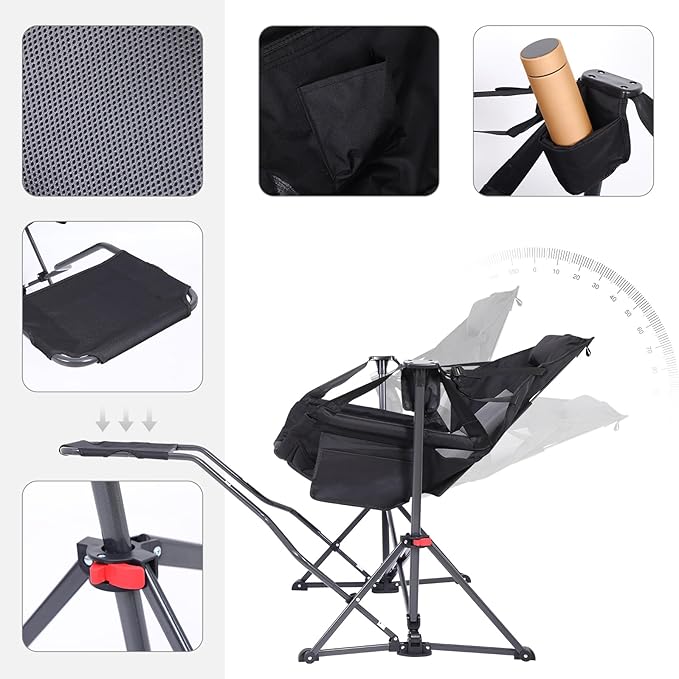 Nice C Hammock Camping Chair with Footreat, Swinging Camping Chair Rocker, High Back Chairs with Stand, Cup Holder, Side Pocket, Heavy Duty (1 Pack, Black)