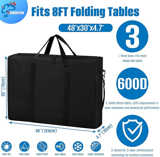 SIRUITON Folding Table Storage Bag, Portable 600D WaterProof Carry Bag for Folding Picnic/Camp Tables with Reinforcing Plate & Shoulder Strap, 48" D x 30" W x4.7 H Fits 8FT Folding Tables（bag only）