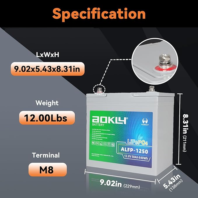 12V 50Ah LiFePO4 Lithium Battery with 50A BMS, 4000+ Deep Cycles AOKLY Lithium Battery Portable and Lightweight For RV, Marine, TrollingMotor, Camping, Travel,Fish Finder,Solar, Winter Power Shortage