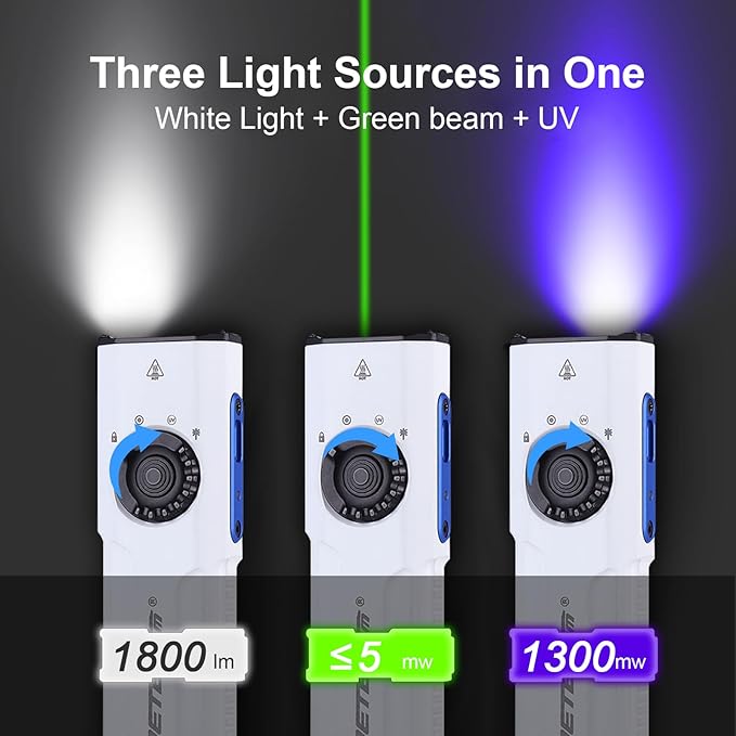 JETBeam E26 Rechargeable EDC Flat Flashlight 4 Constant Brightness Modes+Strobe+1300mW UV+Green Beam Combo,1800 Lumens Portable Pocket Lights,IPX-8,Triple Sources for Outdoors,Emergency,Working