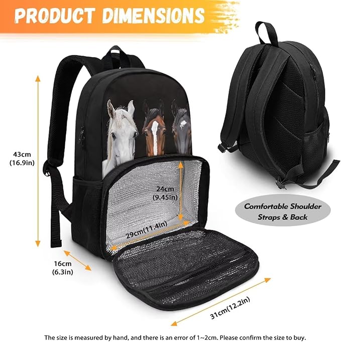 All In One Backpack Meal Bag for Men Women Kids, Hiking Picnic Travel School Cooler Backpack with Multi Pockets, School Bags Laptop Backpack for Boys, Horses Print