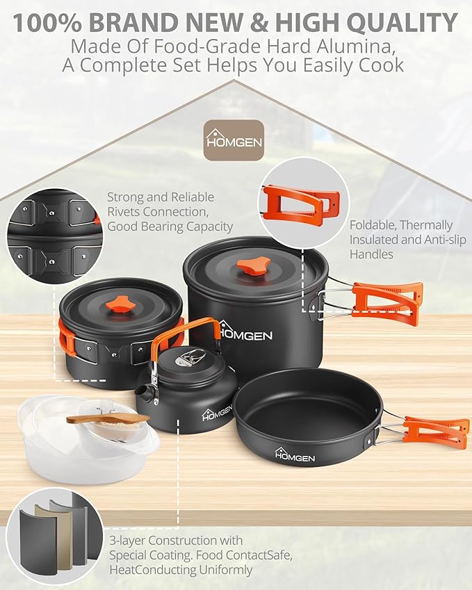 HOMGEN Portable Camping Cookware Set-Lightweight Aluminum Camp Pots and Pans Kit-Comes with Non-Stick Pots/A Frying Pan etc-Complete Camping Mess Kit for Camping/Hiking/Fishing & Other Outdoor Trip