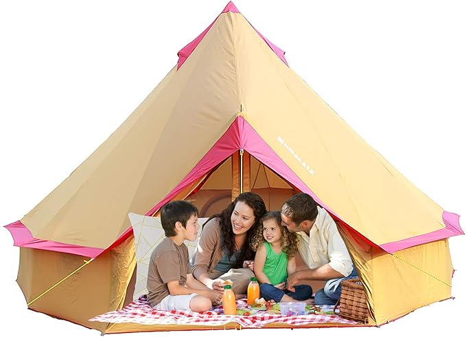 Round Bell Tent, 4m Bell Tent with Zippered Mesh Door and Windows Outdoor Waterproof Large Tent Canvas Yurt Tent 3-10 Persons Family Camping Tent Glamping,Portable Foldable Tent Easy to Install