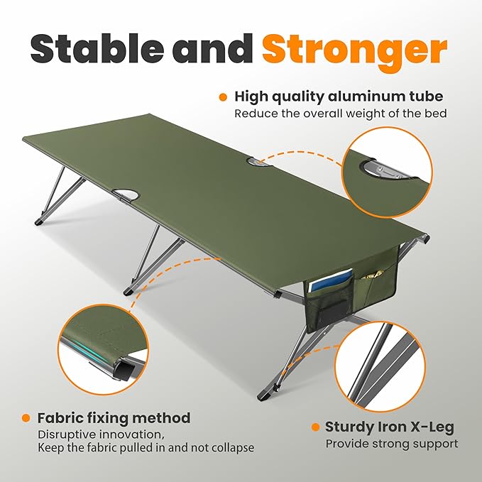Oversized Camping Cot for Adults - Non-Assemble Folding Camping Bed Extra Wide for Outdoor, Support up to 6.9ft or 450lbs, with Storager Bag, 82” L x 32” W(Green)