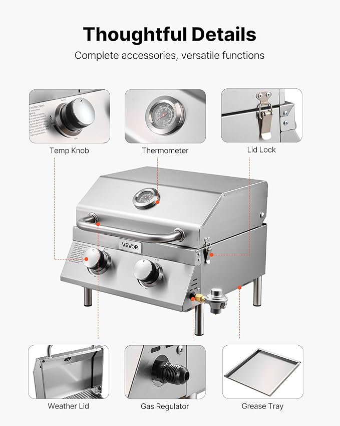 VEVOR Tabletop Gas Grill, 2-Burner Stainless Steel Portable Propane Grill, with Built-in Thermometer, Travel Locks, Weatherproof Lid, 15,000 BTU Total, for Outdoor Cooking, Patio, Party, Camping, RV