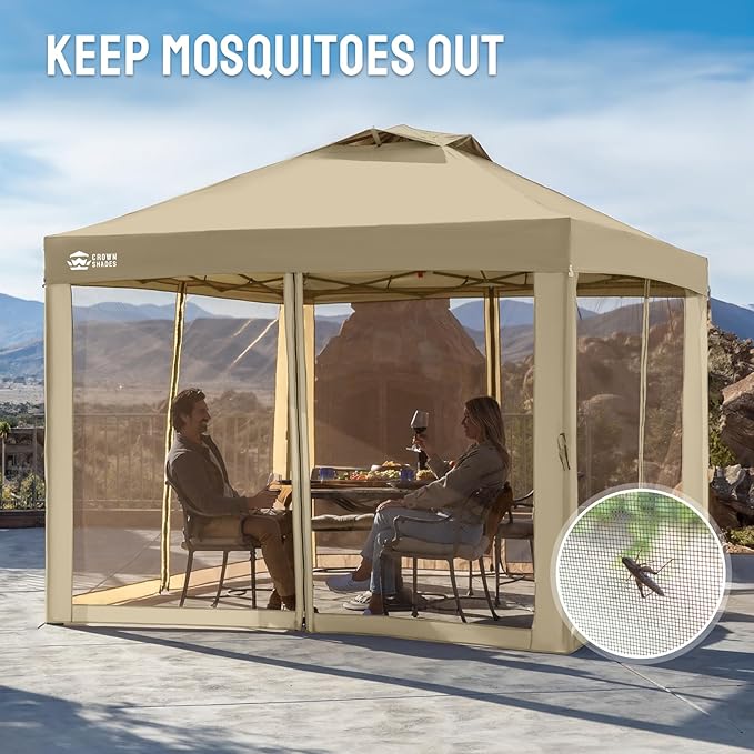 CROWN SHADES Gazebo Mosquito Net for 10 x 10 Pop Up Canopy - Patio Gazebo Mesh Sidewall with Zipper for Outdoor Tent, Garden and Backyard (4 Packs,Khaki)