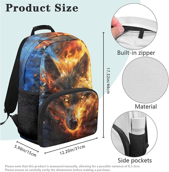 Wolf Backpack with Lunchbox Cool Kids Backpack Lightweight Trendy Kids Bookbag and Lunch Box Set Boys 4 Pcs School Bag for Boys 7-8 Daypack Travel Camping Outdoor Hiking