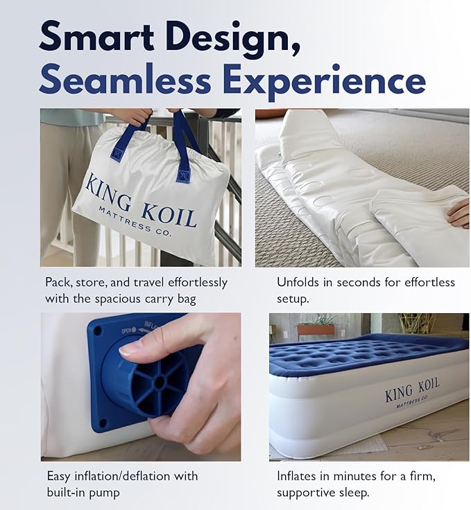 King Koil Luxury Twin Air Mattress with Built-in High Speed Pump for Camping, Home & Guests - Twin Size Double High Airbed Luxury Inflatable Blow Up Mattress Waterproof (1-Year Manufacturer Warranty)