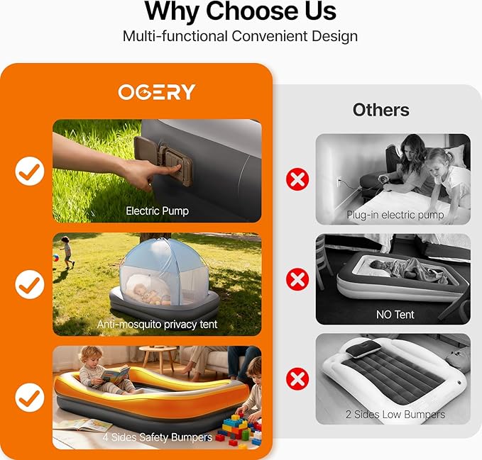 OGERY Inflatable Toddler Travel Bed with Cordless Rechargeable and Detachable Air Pump and Tent, Portable Kids Air Mattress with 4 Sides Safety Bumpers Ideal for Home, Grandma's, Camping, Traveling
