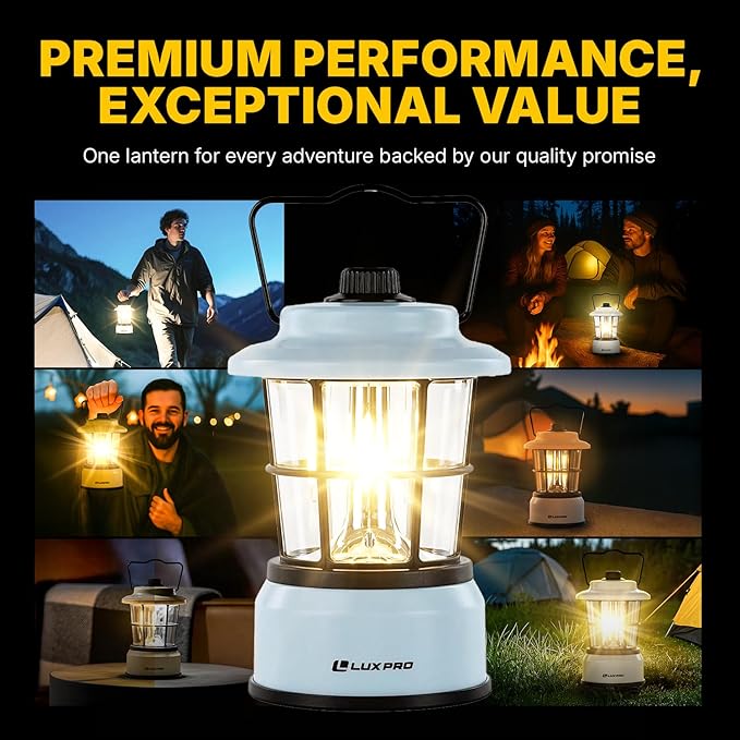 LUXPRO Retro LED Lantern - Battery-Powered Emergency Lantern - Water Resistant - Bright LED Lamp for Indoor & Outdoor Use - Use for Tents, Hiking or Hurricane Prep (Blue, Pack of 2)