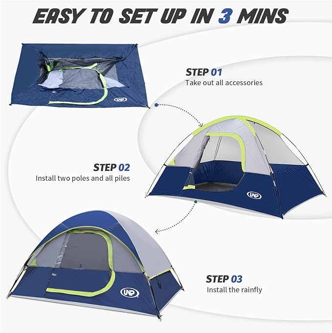 Camping Tent 2-4 Person, Waterproof Windproof Tent with Rainfly Easy Set up-Portable Dome Tents for Camping…