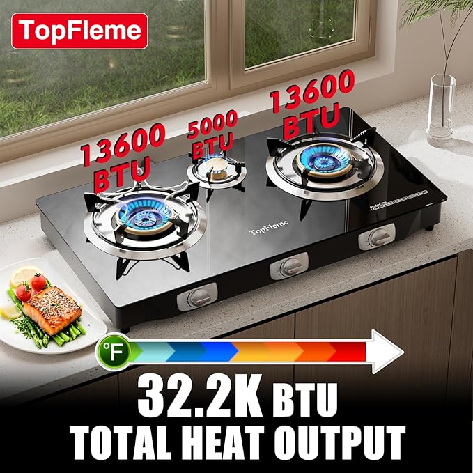 3 Burner Propane Stove 32,300 BTU High-Efficiency Tempered Glass Auto-Ignition Gas Burner Stove Top with CSA Hose for Outdoor RV Camping Emergency Cooking