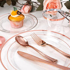 bUCLA 600PCS Clear Rose Gold Plastic Dinnerware Set Disposable - Include 100 Dinner Plates, 100 Dessert Plates, 100 Knives, 100 Forks, 100 Spoons, 100 Cups for Party, Wedding & Valentines Day