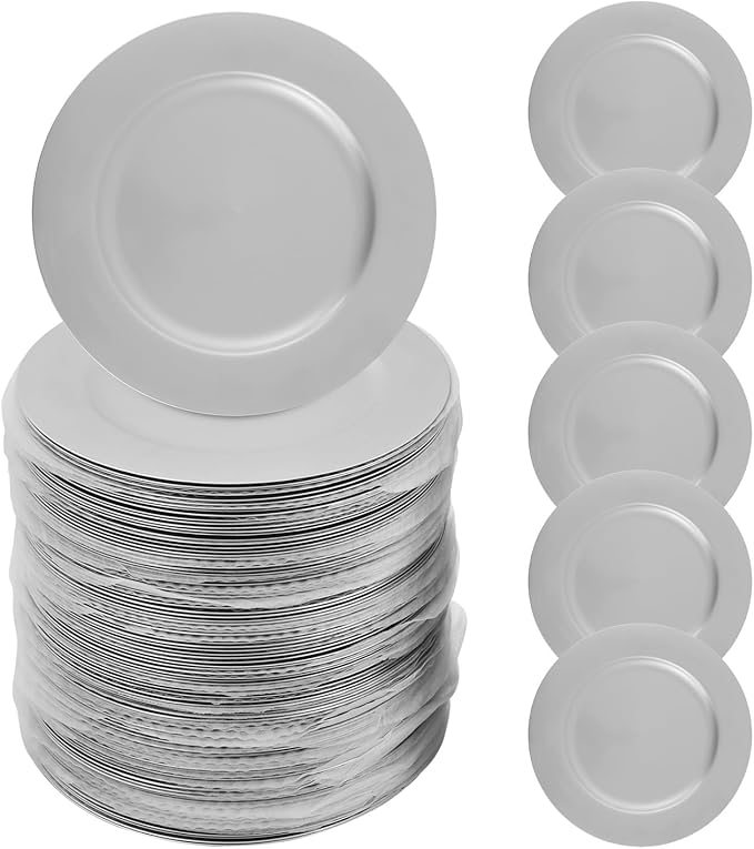 100 Pcs Charger Plates Bulk, 13 Inch Round Charger Plates Set, Table Decoration Dinner Tray for Wedding Party Baby Shower (Silver)