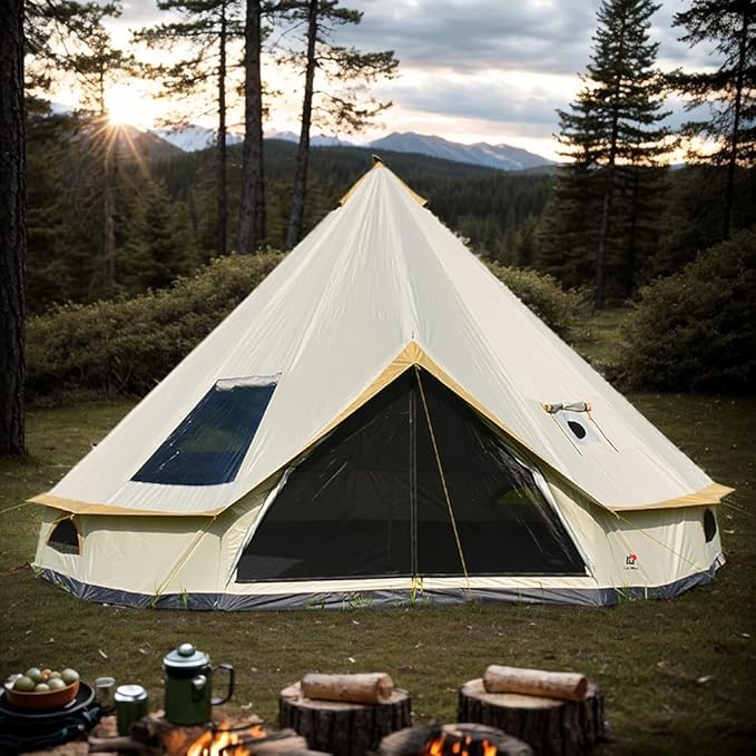 Backpacking Bell Tent with Top Stove Jack for All Year Camping, 300D Oxford Waterproof Yurt Tents for Glamping,Parties,Outdoor Events(Off White,13ft/16.4ft)