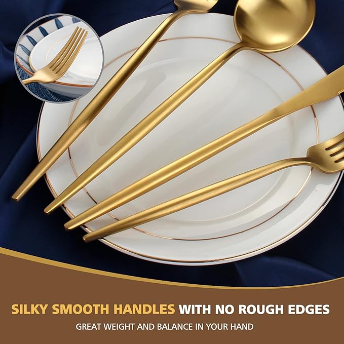 Matte Gold Silverware Set, Oliviola 60-Piece Stainless Steel Flatware Cutlery Set Service for 12, Satin Finish Kitchen Utensil Set, Dishwasher Safe