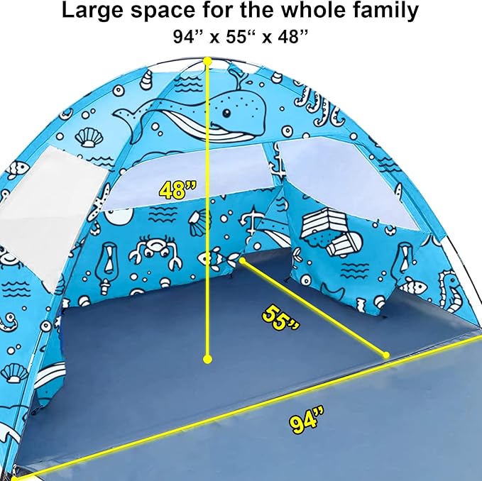 Ocean World 3-4 Person Family and Baby Beach Tent – Cool Beach Essentials for Shade, UPF 50+ UV Protection and PU800 Waterproof, Portable Pop Up Sun Shade Cabana Shelter for Kids and Toddlers,