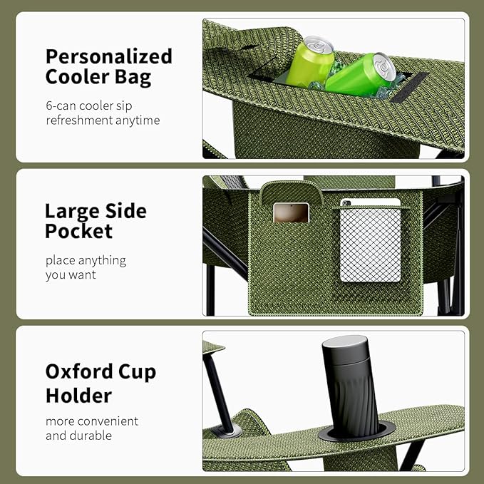 Heavy Duty Folding Chair 500LB Capacity, Oversized Camping Chairs with Cup Holder, Cooler Bag & Storage Pouch, Double-Layer Fabric, Outdoor Chairs for Sports, Lawn Chairs (1, Black Green, Oversized)