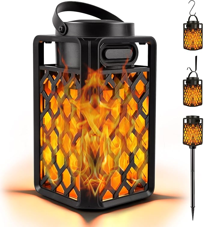Outdoor Bluetooth Speaker with Flame Atmosphere, Waterproof Wireless Speaker with Wall Mount/Stake/Hook, Led Torch Lantern, Camping Patio Accessories, 10W Stereo Sound, Gifts for Men, Women, Dad