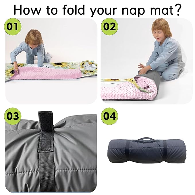 Custom Toddler Nap Mat for Preschool, Personalized Name Kids Sleeping Bag with Yellow Bee Pattern for Daycare, Roll Up Sleeping Mat with Removable Pillow and Soft Dot Minky Blanke for Girls Camping