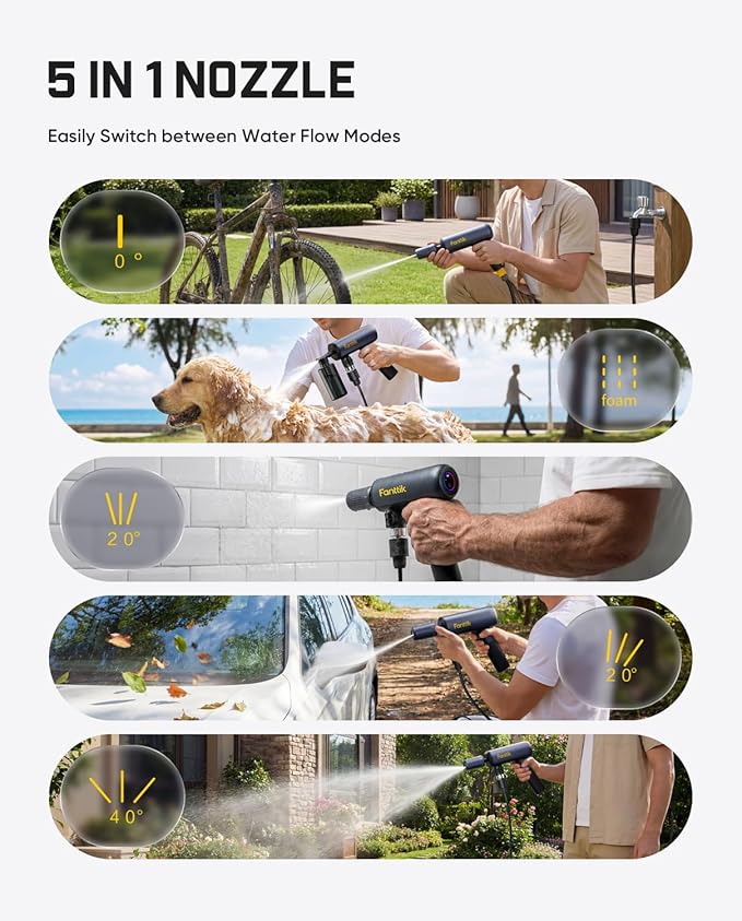 Fanttik NB10 Flip Portable Pressure Washer Gun, Foldable Cordless Pressure Washer Sprayer, Multi-Scenario Compatibility, 5-in-1 Nozzle, HD LED Display and Type-C Charging, for Patio, Camping, Bicycles