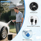 Portable Camping Shower, Outdoor Shower Kit with Pump, Hose, Spray Gun & Folding Bucket, Rechargeable Battery Powered Portable Shower for Camping, Hiking, Beach,RV,Pet Cleaning & Road Trips