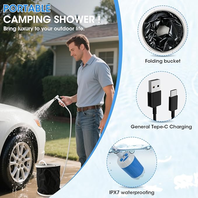 Portable Camping Shower, Outdoor Shower Kit with Pump, Hose, Spray Gun & Folding Bucket, Rechargeable Battery Powered Portable Shower for Camping, Hiking, Beach,RV,Pet Cleaning & Road Trips