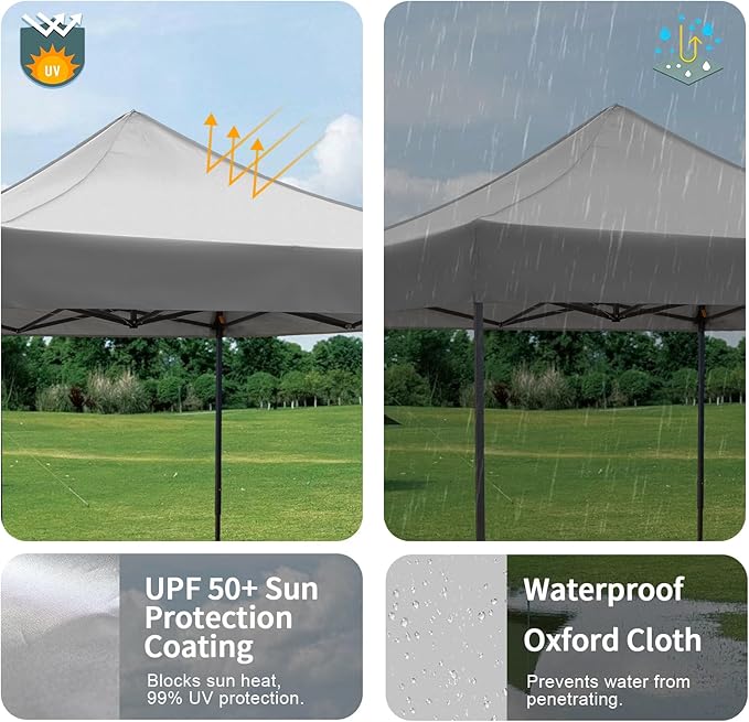 10x10 Durable Pop Up Canopy Tent with Sidewalls, Waterproof Attachable Tent Wall, Privacy Shade for Outdoor Events, Camping, Farmers Market (Light Gray with Awning)