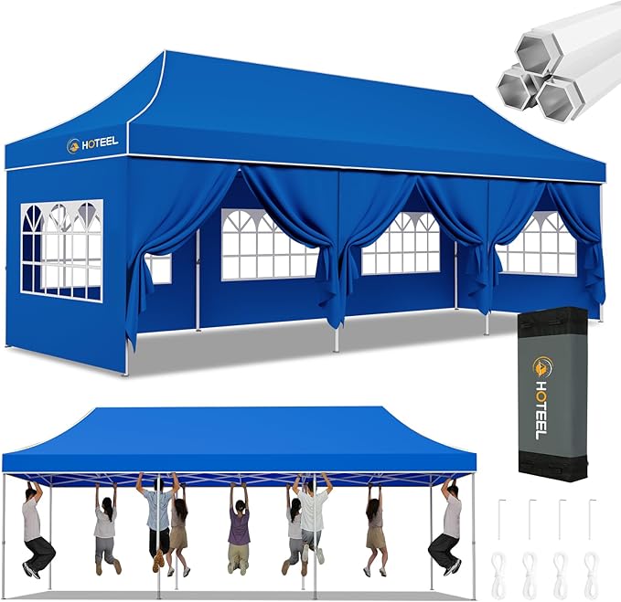 Hoteel 10x30 Pop Up Canopy Tent Heavy Duty with 8 Sidewalls, Waterproof Party Tent, Easy Set-up Commercial Instant Tents with Hand Bag, Rope & Nail, Hexagonal Leg (1-Year Warranty)