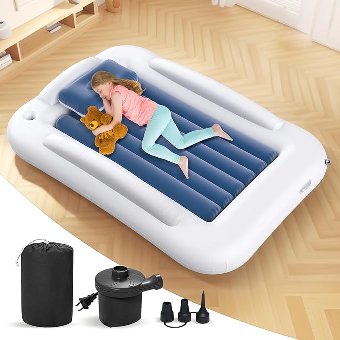 Inflatable Toddler Travel Bed - 60 Inches Portable Toddler Bed for Travel with Safety Sides - Cozy Kids Air Mattress Set with Built-in Electric Pump & Carry Case- Easy to Inflate - Sea Blue