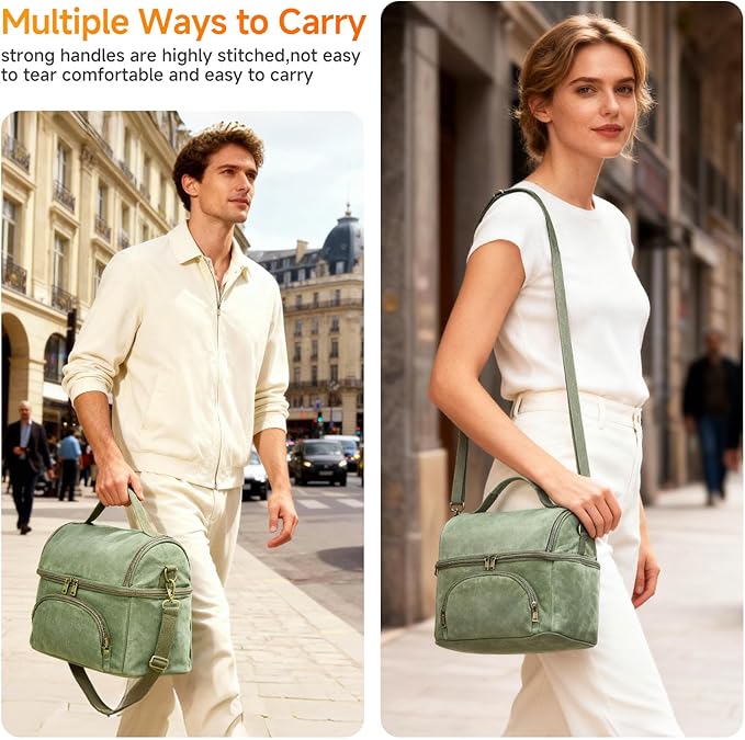 Mens Lunch Box with 2 XL icepacks,Sturdy Waxed Canvas Insulated Lunch Bag for Adult, 2 Compartment Soft Cooler Bag For Work, Picnic, Travel, Outdoors (10.5L) 10"x7"x9.5" (London Green)